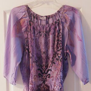 Purple & Black Paisley Sheer Print Empire Waist Top Sz XL